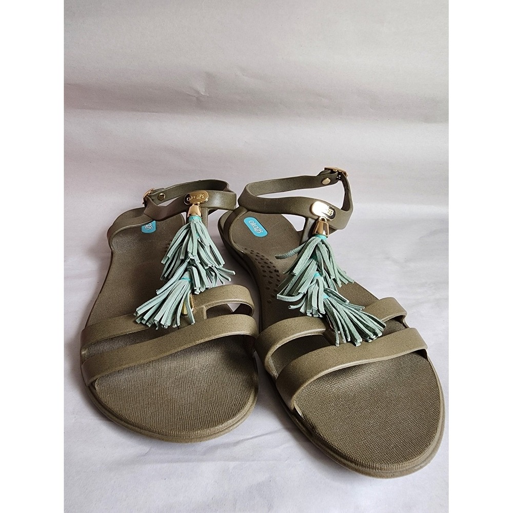 Oka-B Tassel Flat Sandals Olive Green Mint Fringe Ankle Strap Womens 8 EU 39